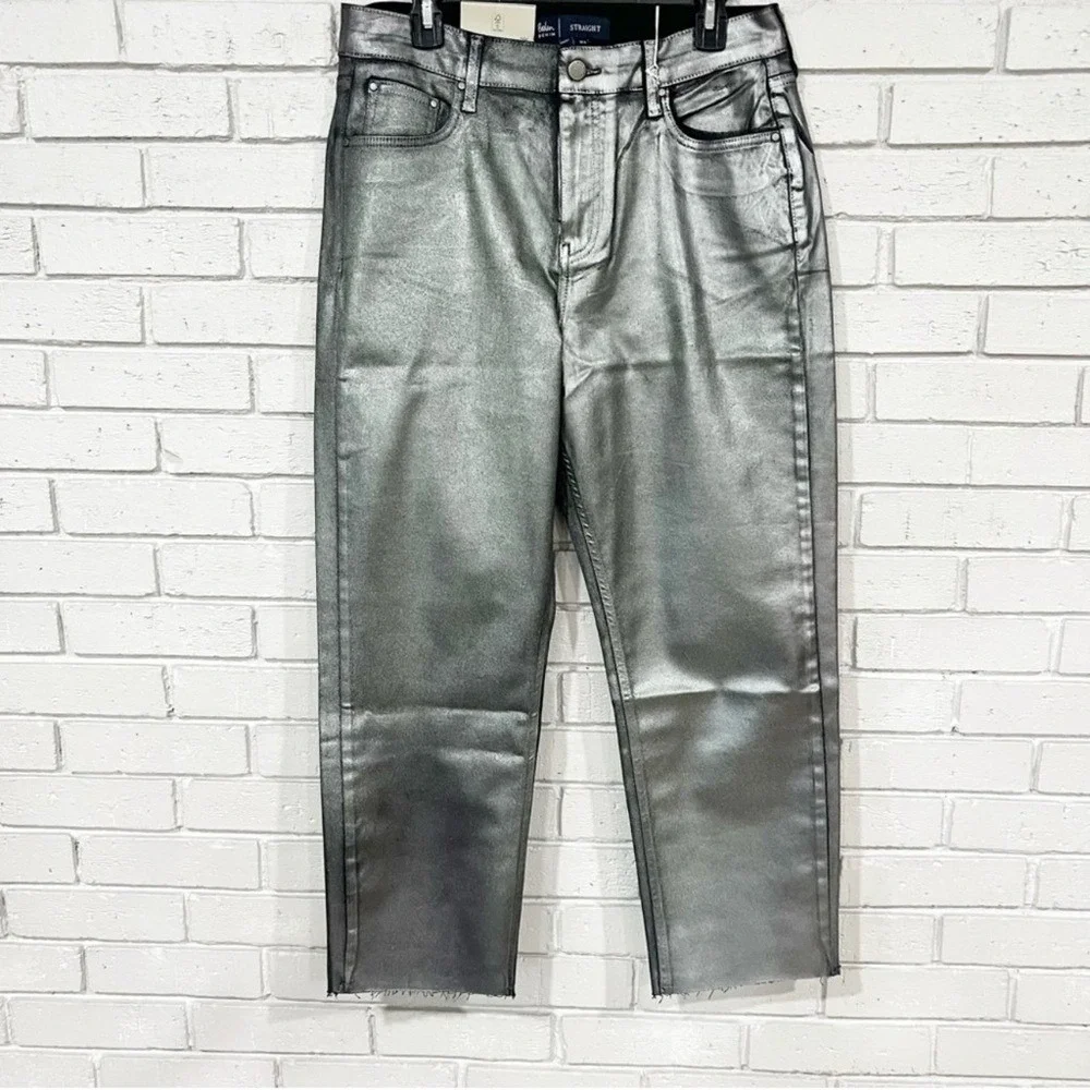 Boden High Rise Straight Leg Metallic Silver Foil Ankle Jeans Statement NWT 12